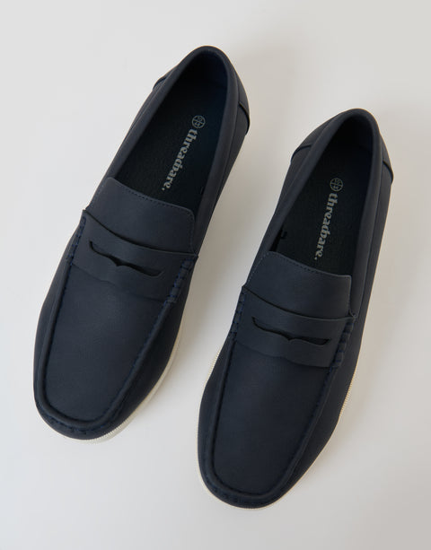 Threadbare Faux Suede Penny Loafers in Navy - top view