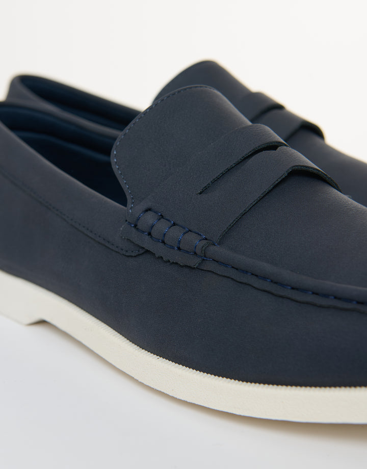 Threadbare Faux Suede Penny Loafers in Navy - close up