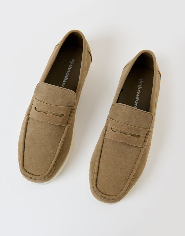 Threadbare Faux Suede Penny Loafers in Beige - top view