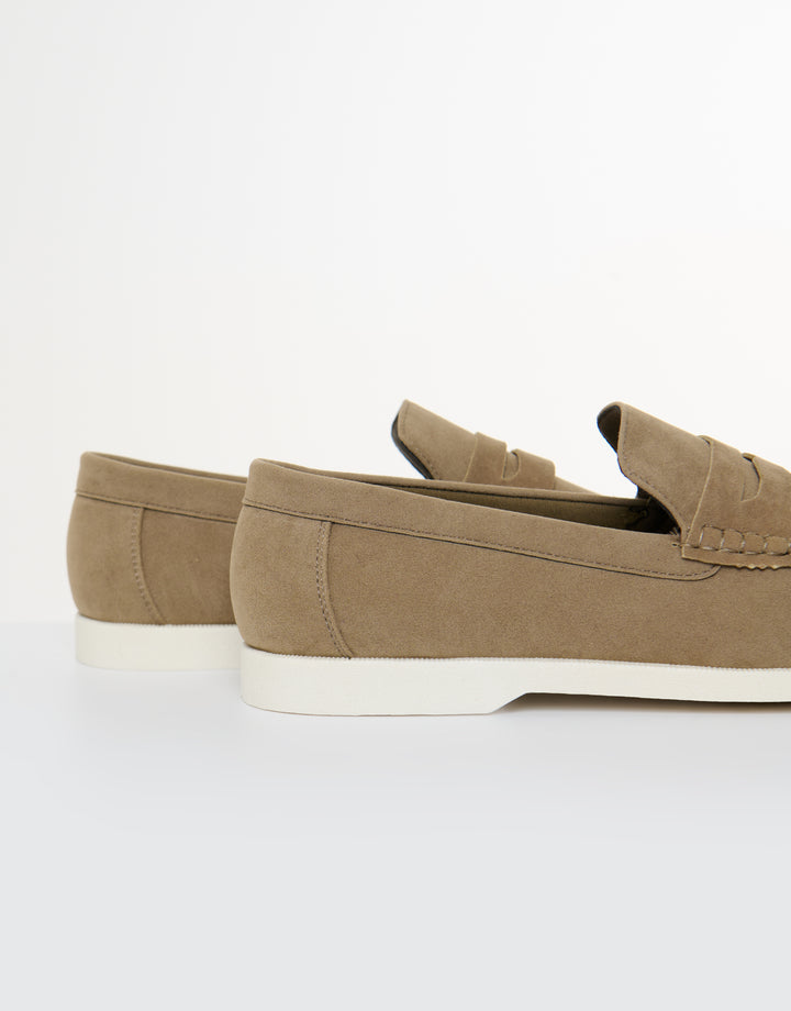 Threadbare Faux Suede Penny Loafers in Beige - side view close up