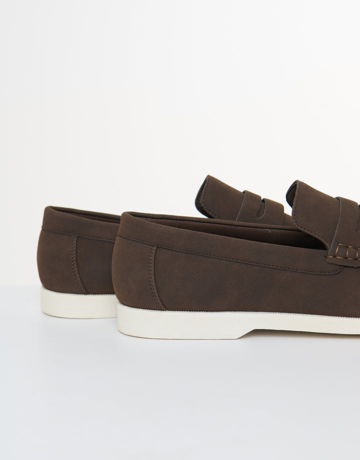 Threadbare Faux Suede Penny Loafers in Brown - side view close up
