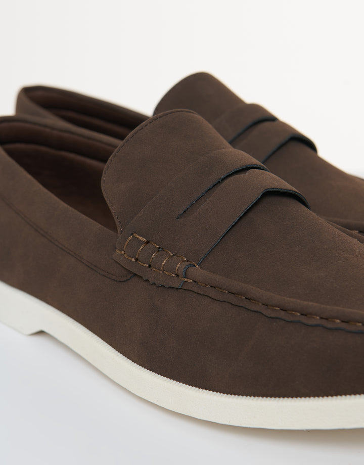 Threadbare Faux Suede Penny Loafers in Brown - close up