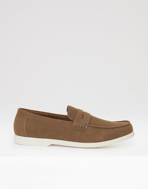 Threadbare Textured Faux Suede Penny Loafers in Taupe - side view