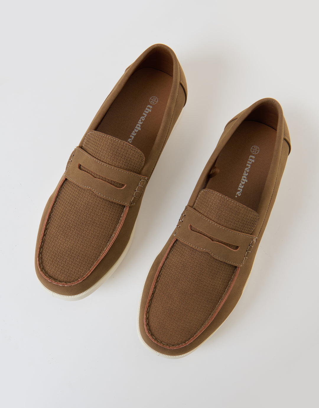 Threadbare Textured Faux Suede Penny Loafers in Taupe - top view
