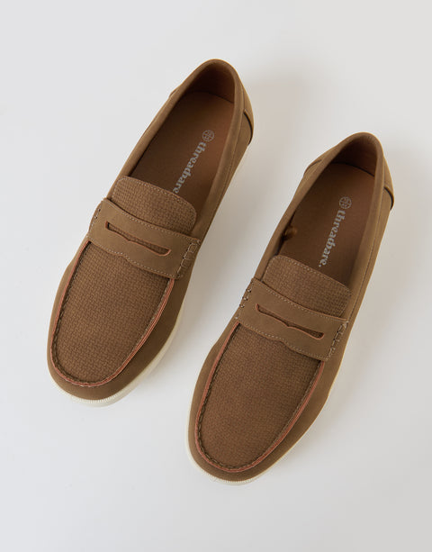 Threadbare Textured Faux Suede Penny Loafers in Taupe - top view