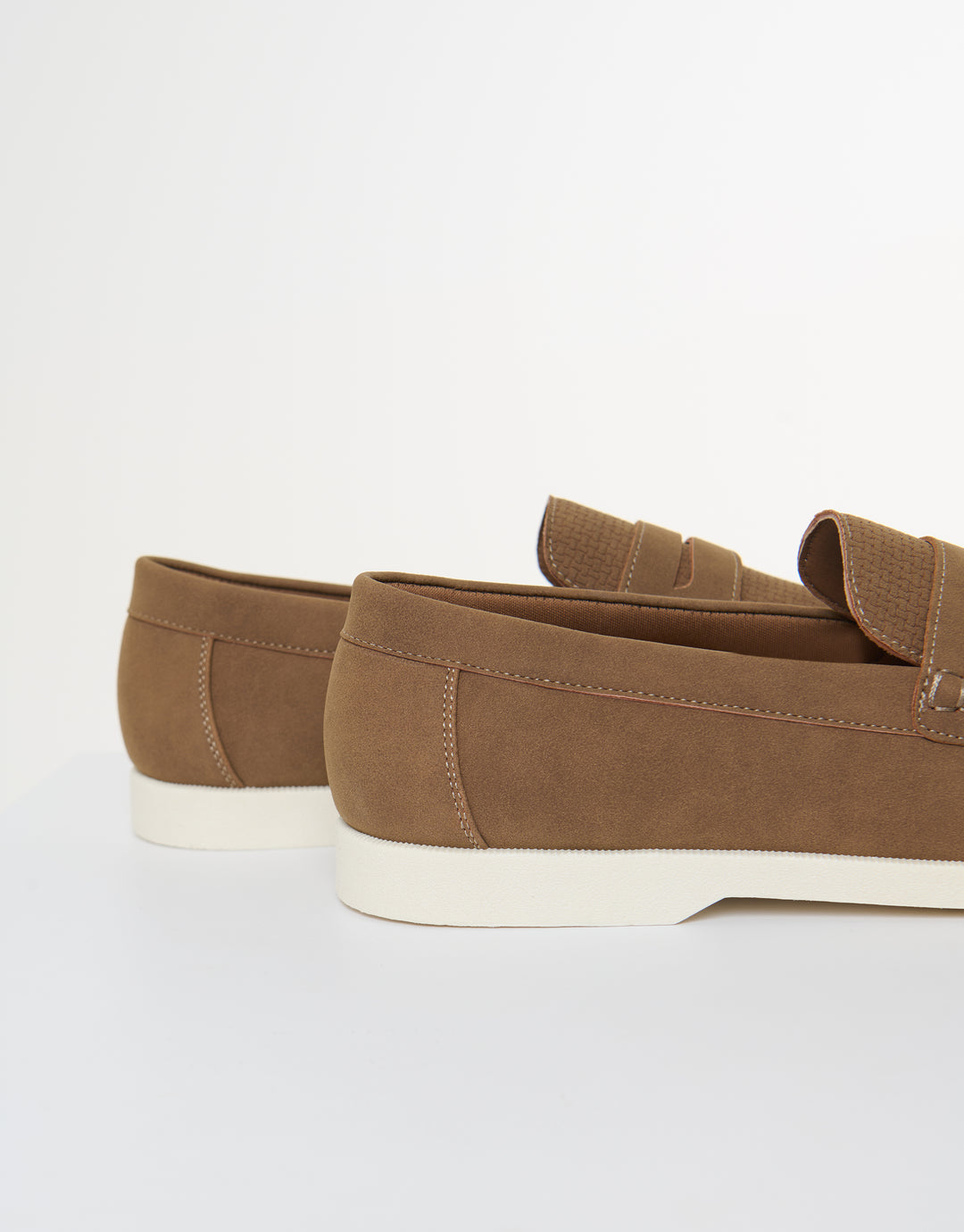 Threadbare Textured Faux Suede Penny Loafers in Taupe - side view close up