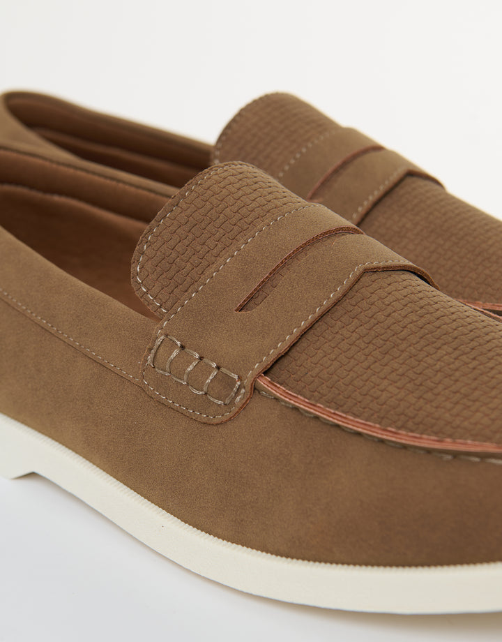 Threadbare Textured Faux Suede Penny Loafers in Taupe - close up