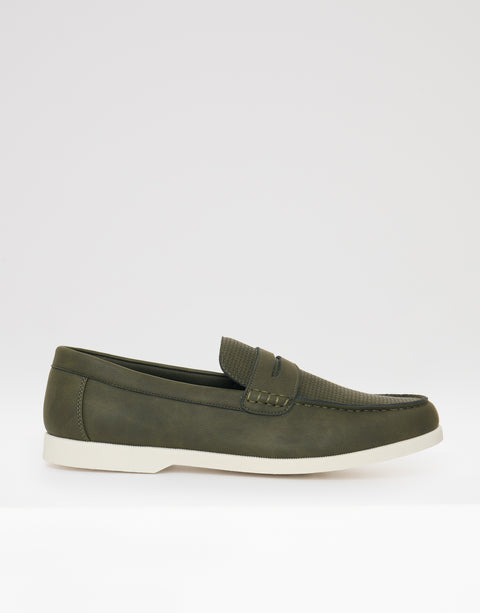 Textured Faux Suede Penny Loafers in Khaki Green - side view