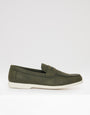 Textured Faux Suede Penny Loafers in Khaki Green - side view