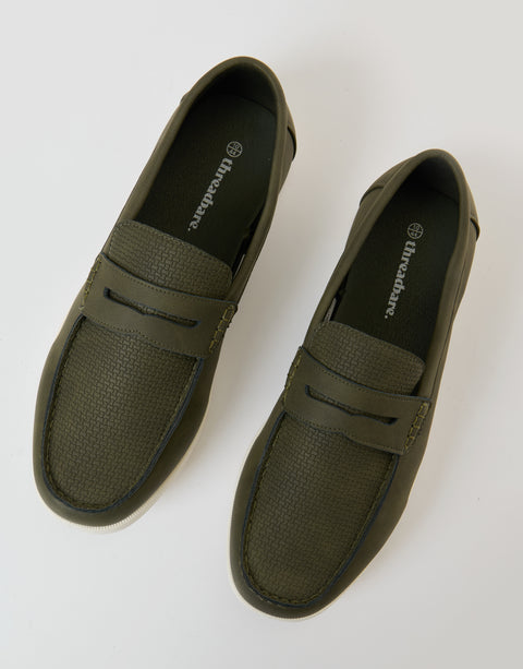 Textured Faux Suede Penny Loafers in Khaki Green - top view