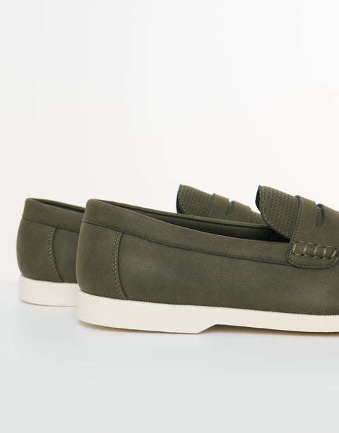 Textured Faux Suede Penny Loafers in Khaki Green - side view close up