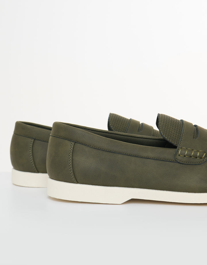 Textured Faux Suede Penny Loafers in Khaki Green - side view close up