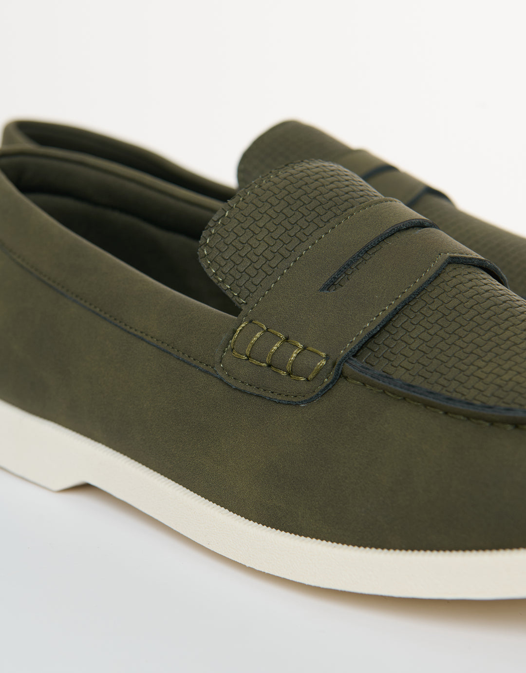 Textured Faux Suede Penny Loafers in Khaki Green - close up