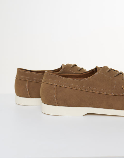 Threadbare Faux Suede Boat Shoes in Taupe - side view close up