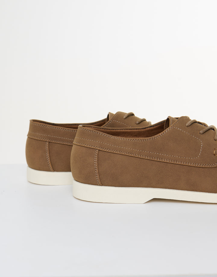 Threadbare Faux Suede Boat Shoes in Taupe - side view close up