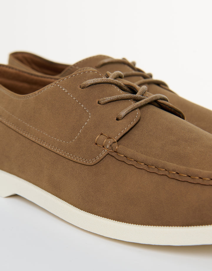 Threadbare Faux Suede Boat Shoes in Taupe - laces close up
