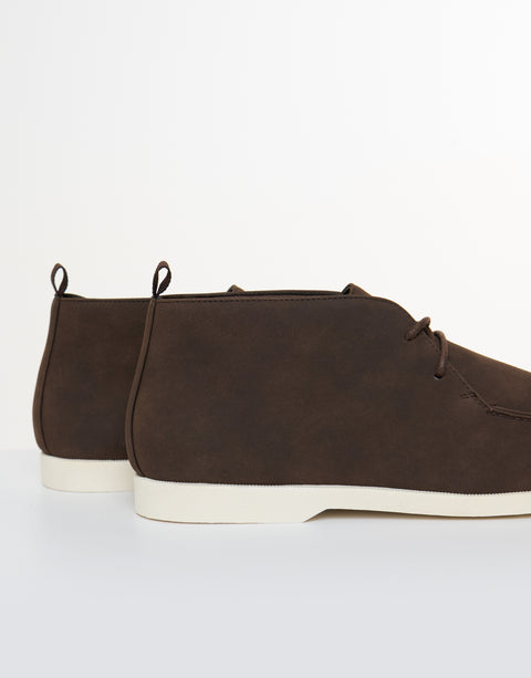 Threadbare Faux Suede Moccasin Boots in Brown - side view close up