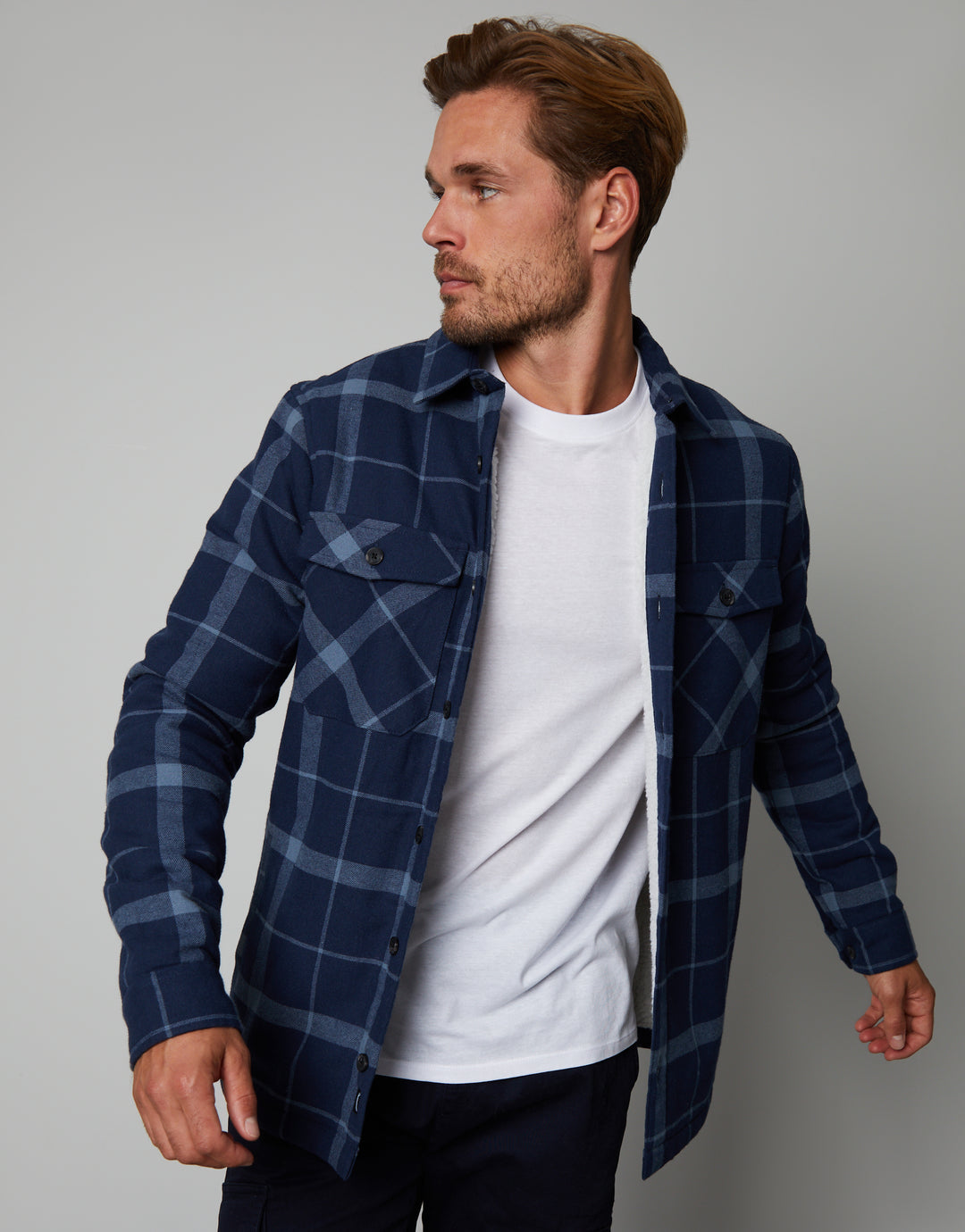 Navy Check Borg Lined Long Sleeve Shirt