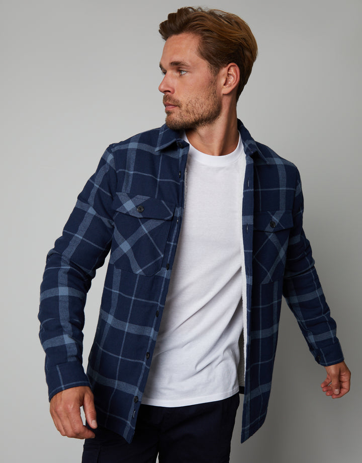 Navy Check Borg Lined Long Sleeve Shirt