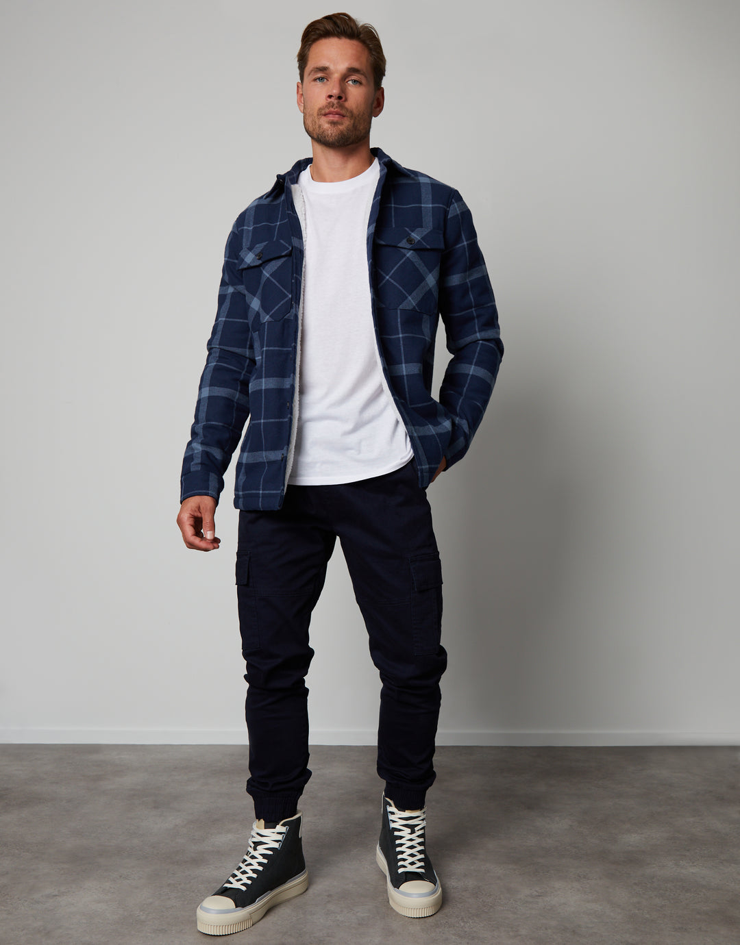 Navy Check Borg Lined Long Sleeve Shirt