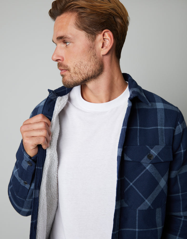 Navy Check Borg Lined Long Sleeve Shirt