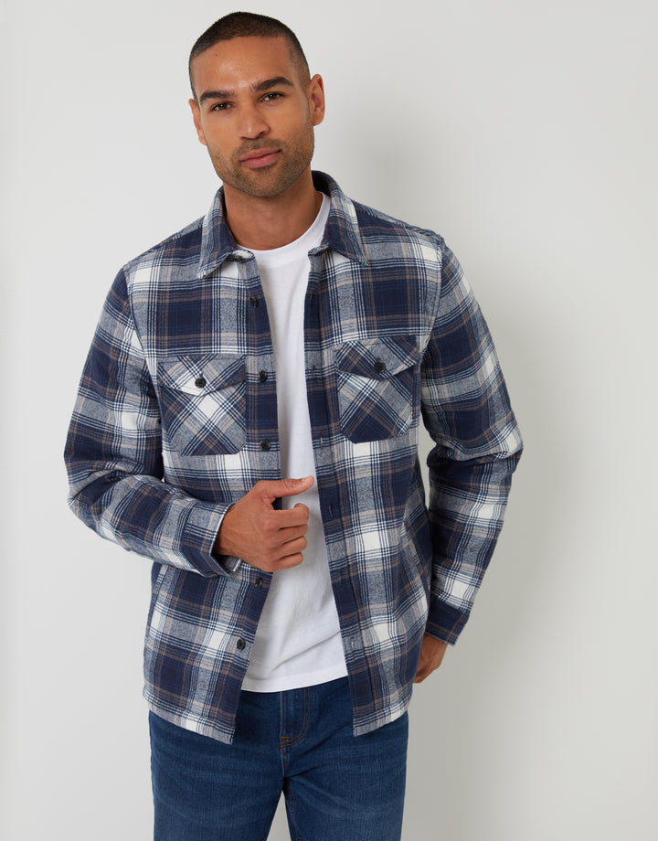 Navy Check Brushed Borg Lined Shacket