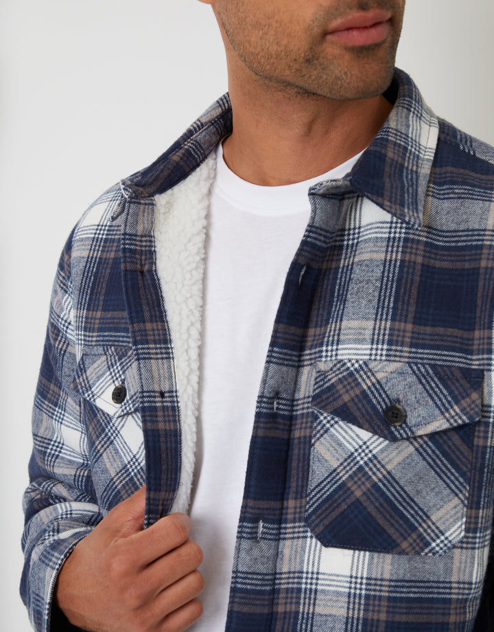 Navy Check Brushed Borg Lined Shacket
