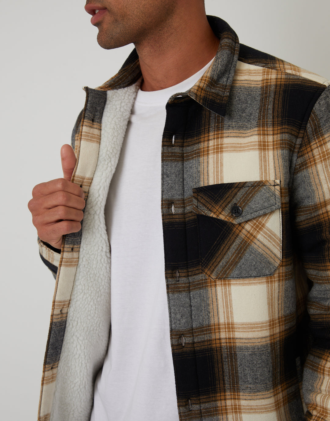 Camel Brown Check Brushed Borg Lined Shacket