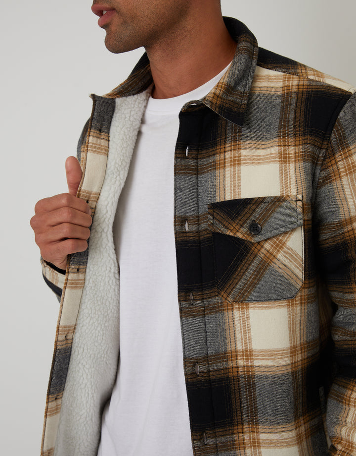 Camel Brown Check Brushed Borg Lined Shacket