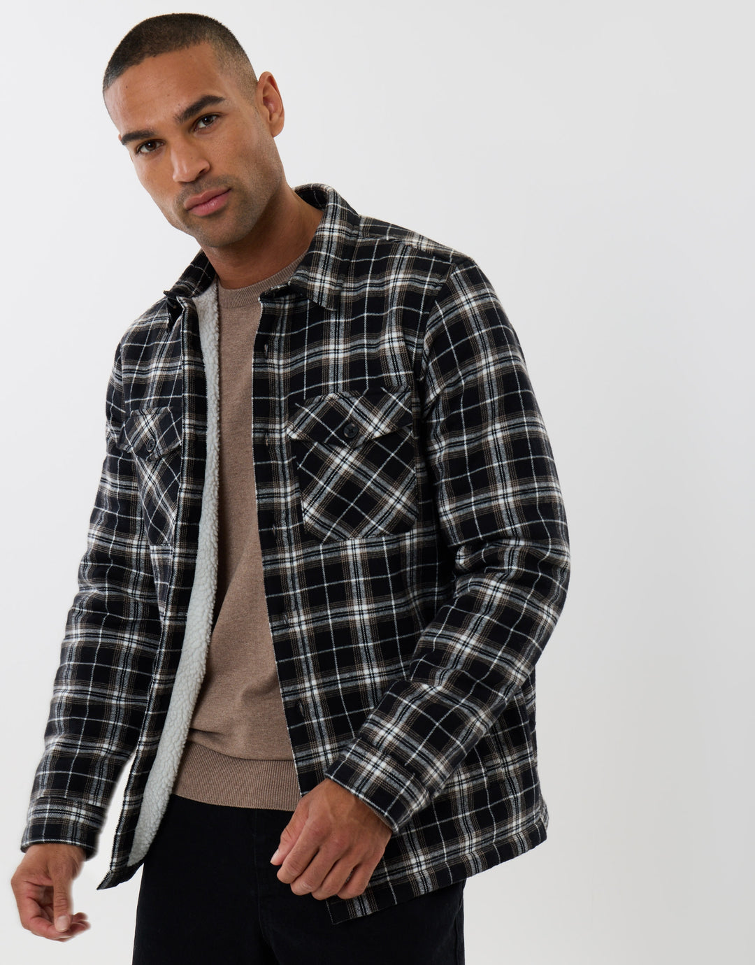 Cotton Flannel Sherpa Lined Shacket in Black Check