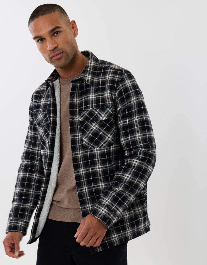 Cotton Flannel Sherpa Lined Shacket in Black Check