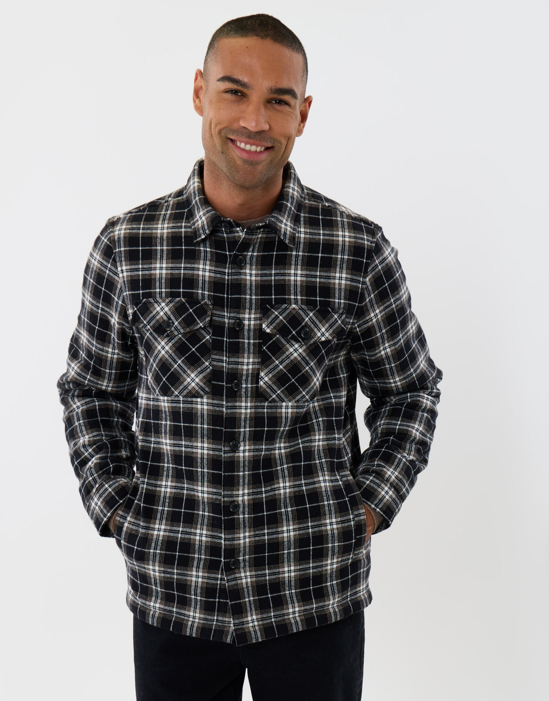 Cotton Flannel Sherpa Lined Shacket in Black Check