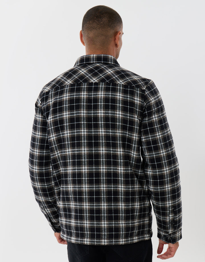 Cotton Flannel Sherpa Lined Shacket in Black Check