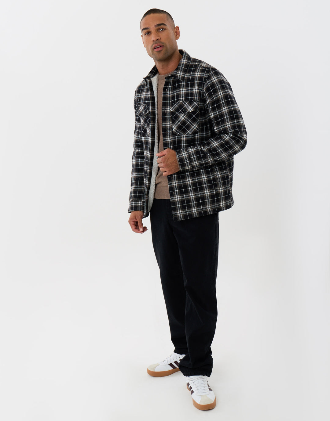 Cotton Flannel Sherpa Lined Shacket in Black Check