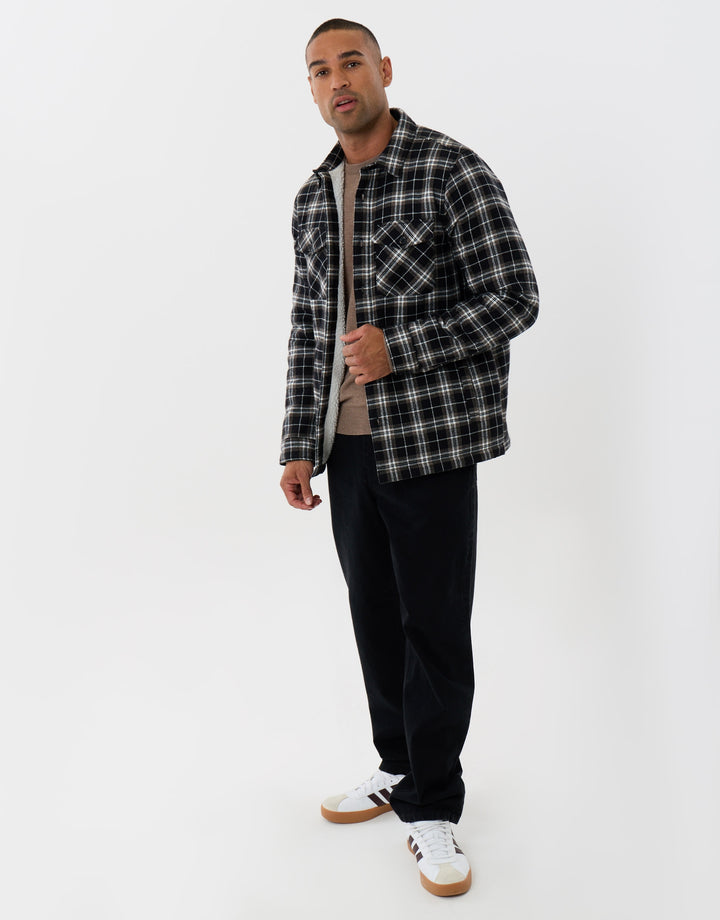 Cotton Flannel Sherpa Lined Shacket in Black Check