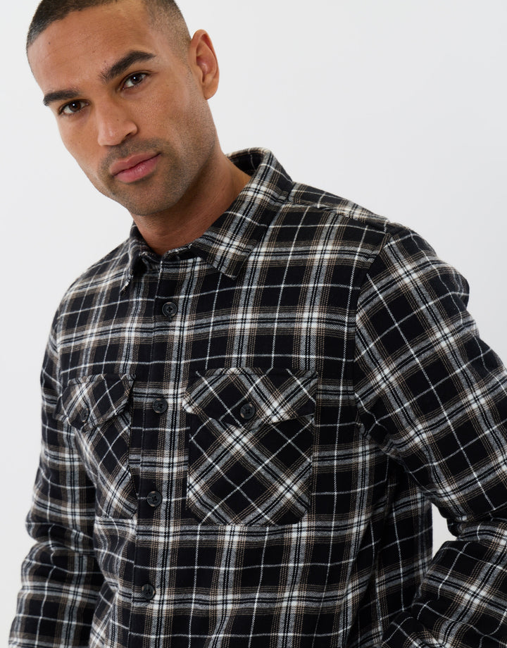 Cotton Flannel Sherpa Lined Shacket in Black Check