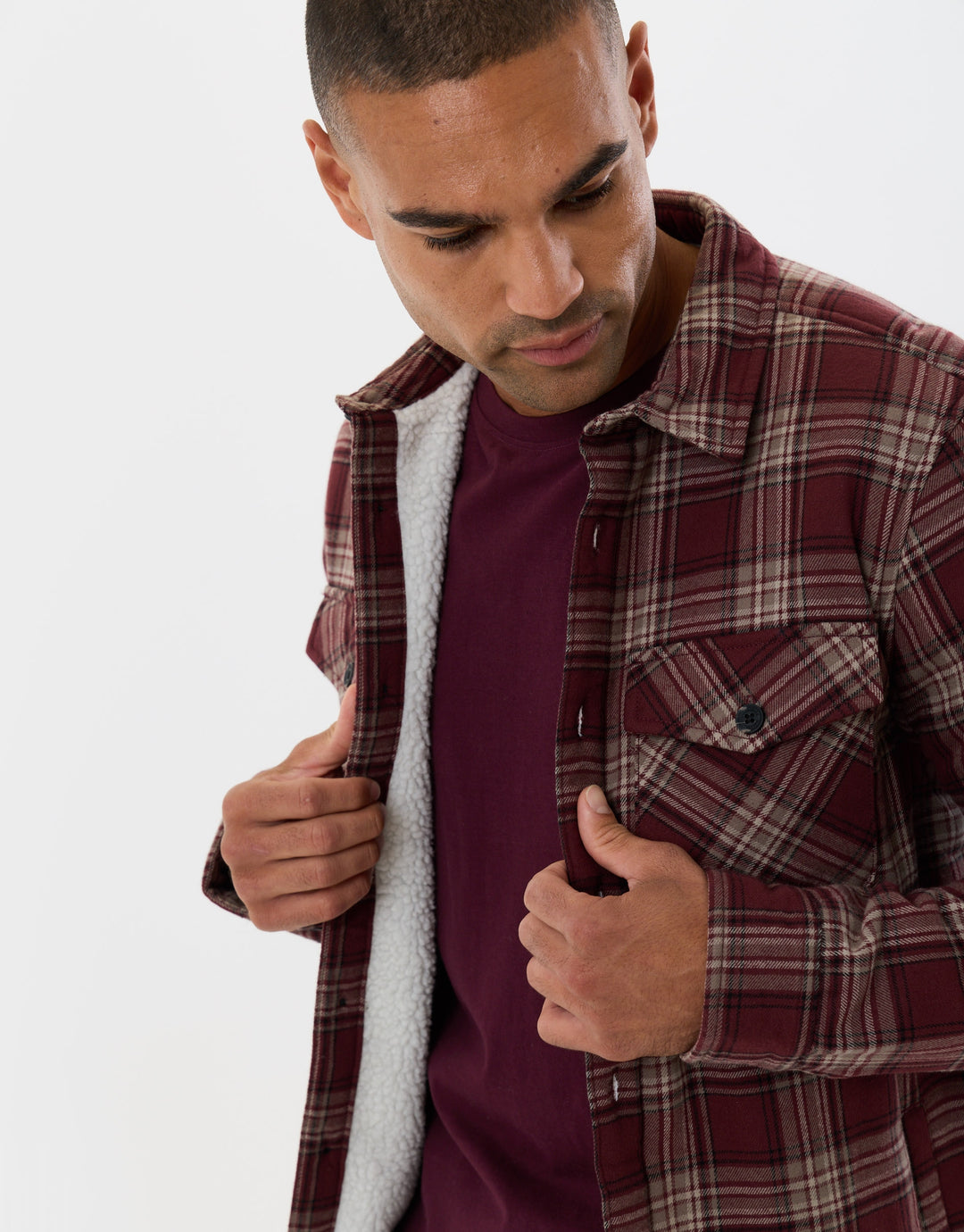Cotton Flannel Sherpa Lined Shacket in Burgundy Check