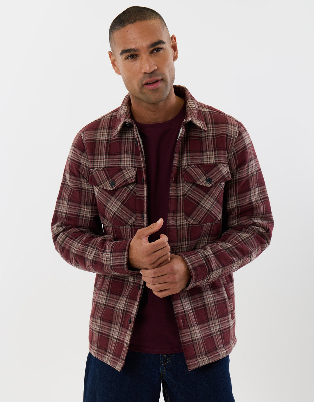 Cotton Flannel Sherpa Lined Shacket in Burgundy Check