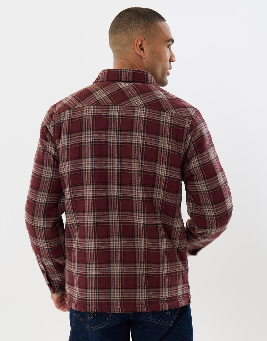 Cotton Flannel Sherpa Lined Shacket in Burgundy Check