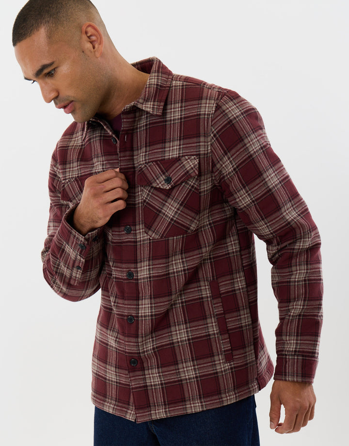 Cotton Flannel Sherpa Lined Shacket in Burgundy Check