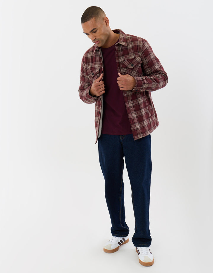Cotton Flannel Sherpa Lined Shacket in Burgundy Check