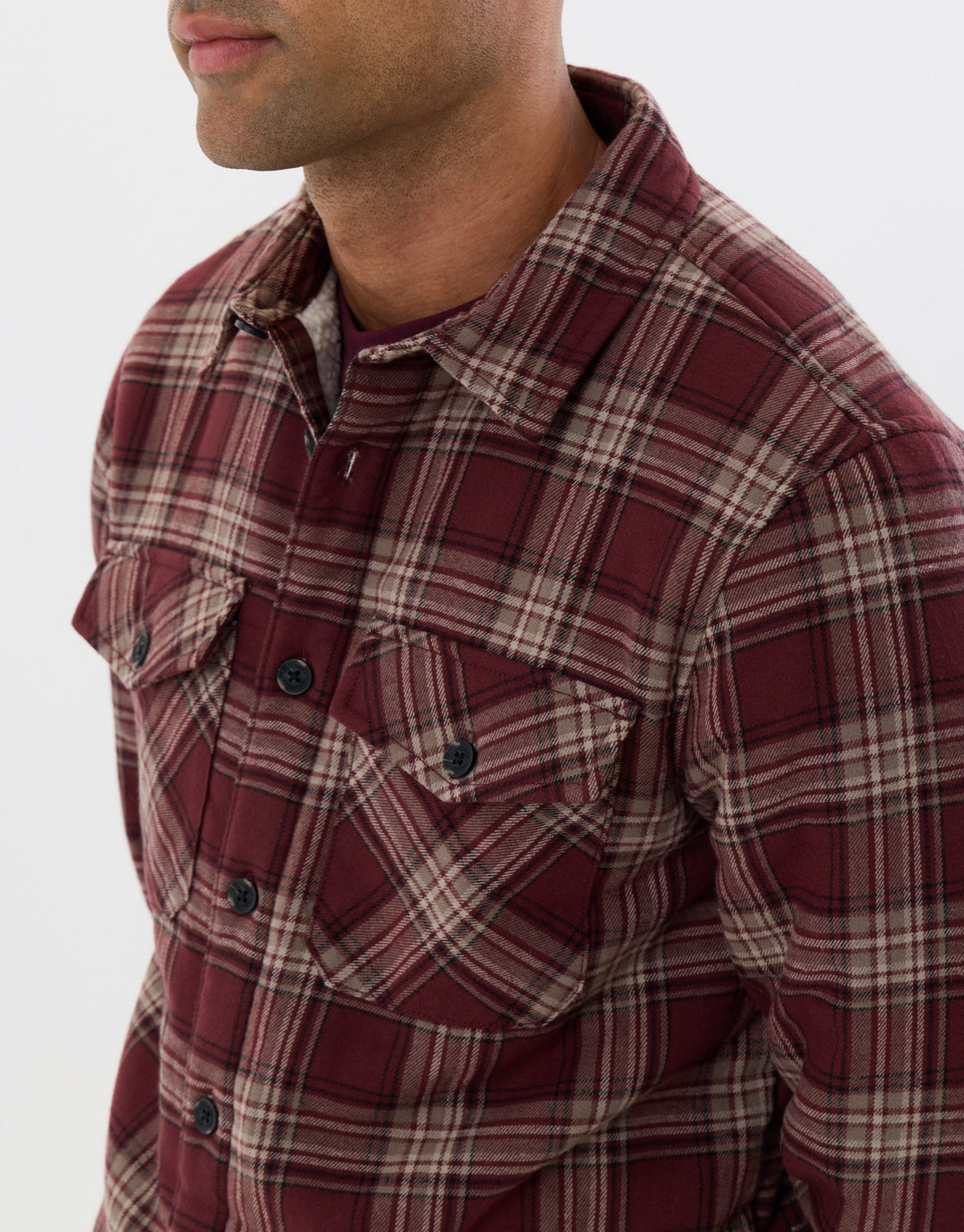 Cotton Flannel Sherpa Lined Shacket in Burgundy Check