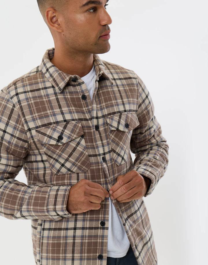 Cotton Flannel Sherpa Lined Shacket in Taupe Check