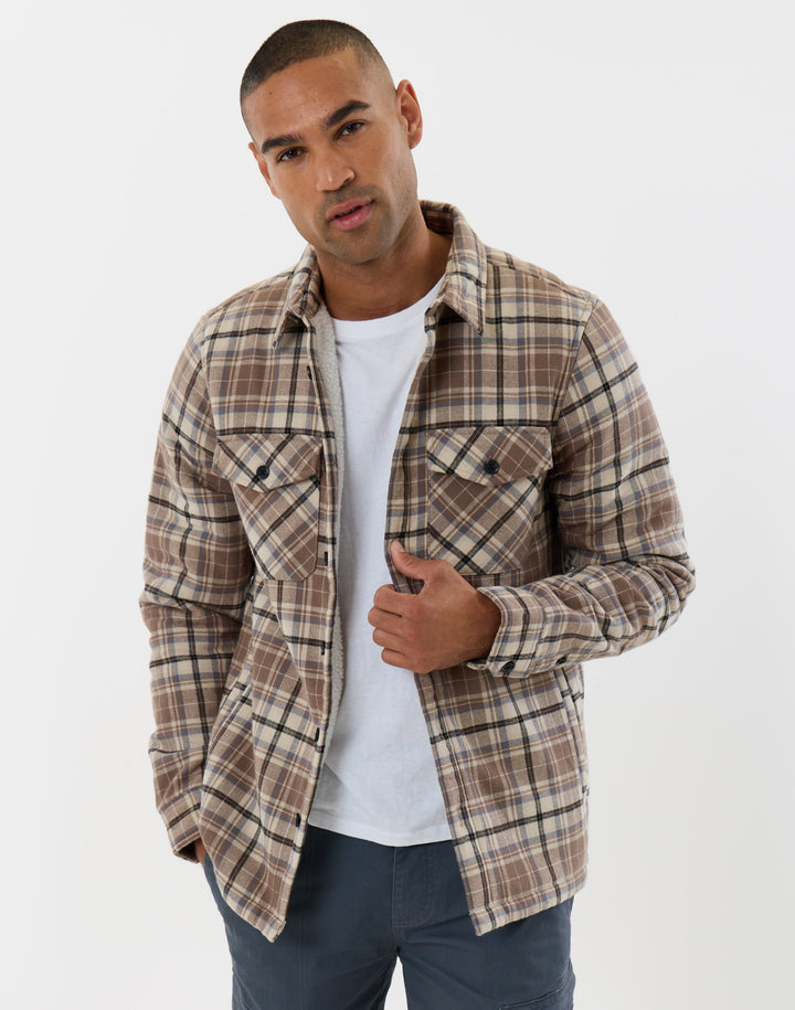 Cotton Flannel Sherpa Lined Shacket in Taupe Check