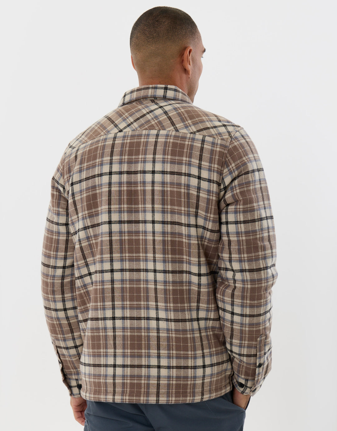 Cotton Flannel Sherpa Lined Shacket in Taupe Check