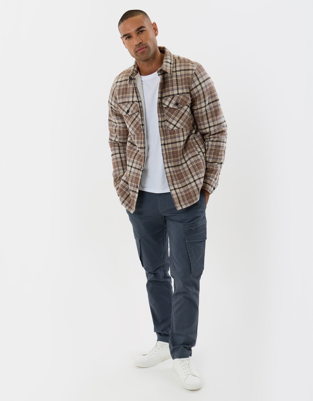 Cotton Flannel Sherpa Lined Shacket in Taupe Check