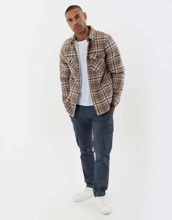 Cotton Flannel Sherpa Lined Shacket in Taupe Check