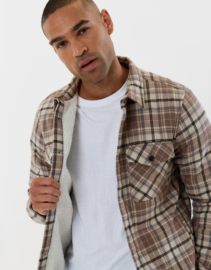 Cotton Flannel Sherpa Lined Shacket in Taupe Check