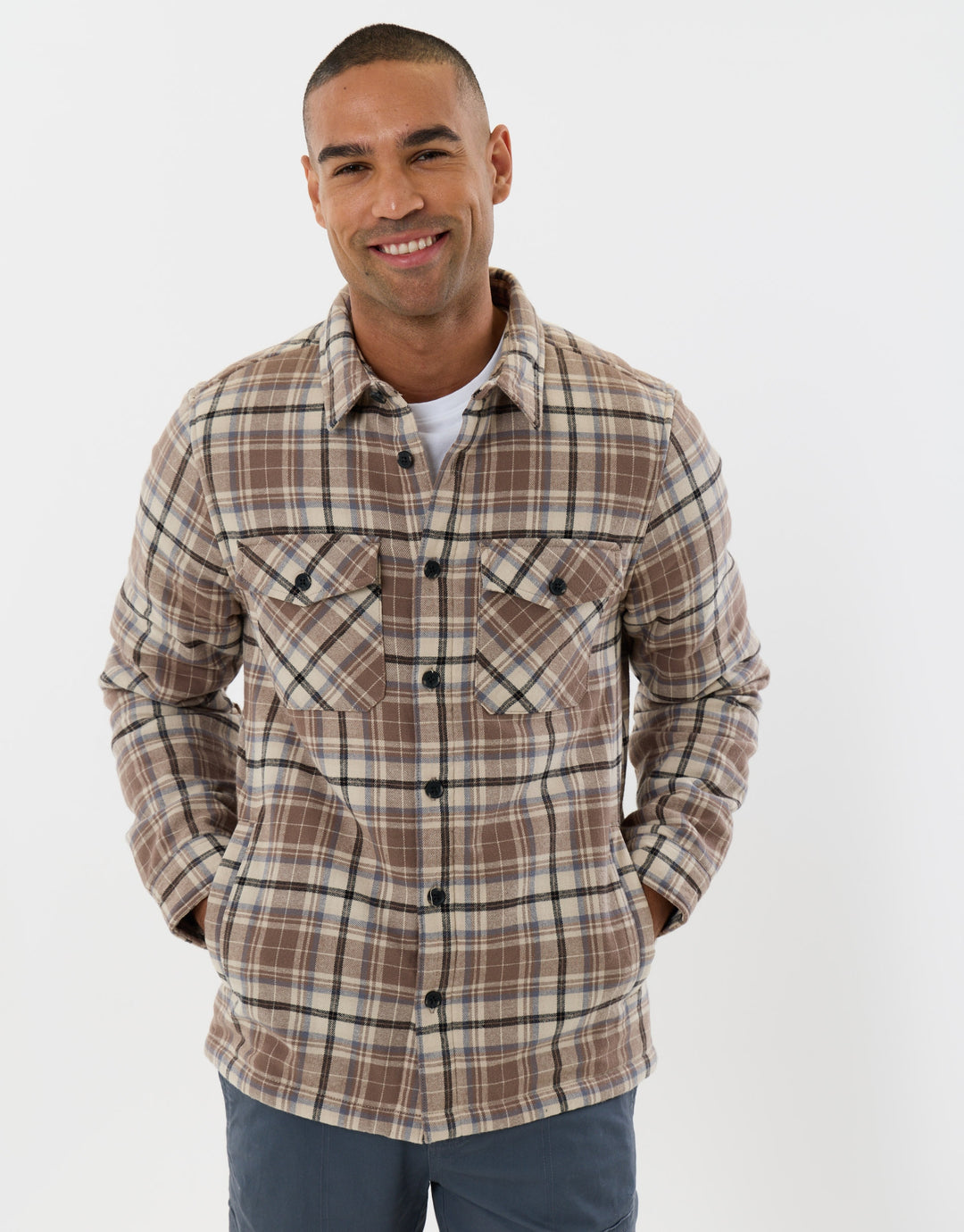 Cotton Flannel Sherpa Lined Shacket in Taupe Check