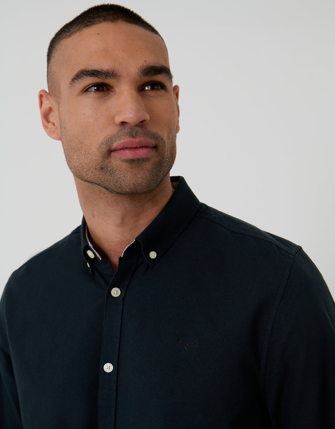 Threadbare Cotton Long Sleeve Shirt in Black - collar close up